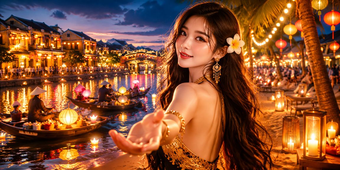 Cảnh đêm Hội An với đèn lồng rực rỡ, không khí casino VIP sang trọng